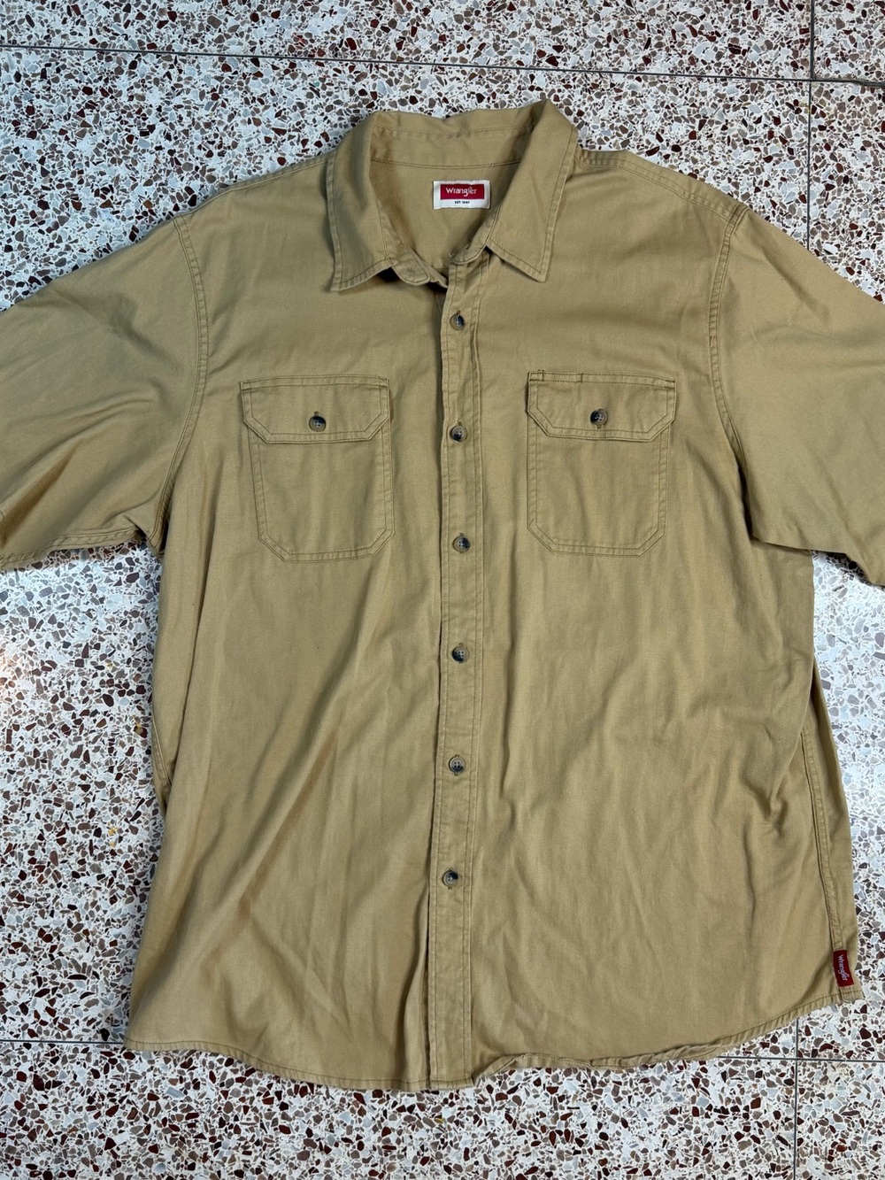 Wrangler Beige‎ Cotton Twill Spread Collar Short Sleeve Button-Up Shirt XL